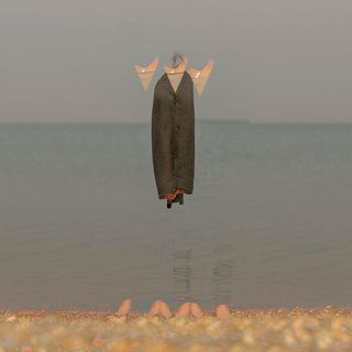 Une photo radicalement modifiée d'une femme portant un manteau brun sur le bord de la mer, sa forme rendue pratiquement méconnaissable par les manipulations photographiques de l'artiste.